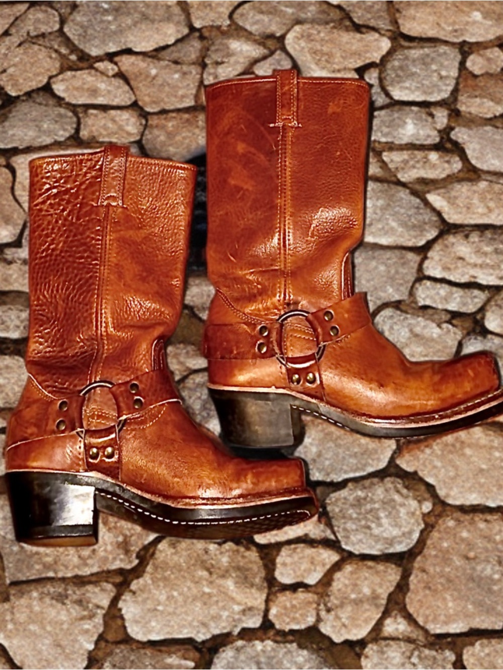 Frye 12R Harness Boot in Cognac Leather with Black Soles, Vintage 2004